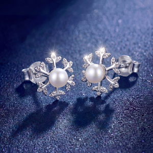 Snowflake Freshwater Pearl <b>Studs</b> <b>Silver</b> Plated Copper Jewelry Elegant Winter Holiday Gift for Women - Product Image 3