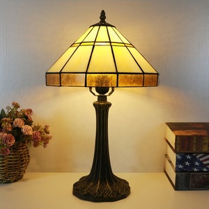 LongHuiJing Tiffany Table Lamp with Conical Shade Beige and Bronze Stained Glass Lampshade Restaurant - Product Image 5