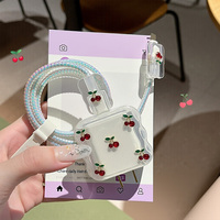 Étui protecteur transparent à paillettes avec nœud cerise pour chargeur iPhone 16 17 18W 20W PD et ensemble de protection anti-casse pour câble de charge rapide