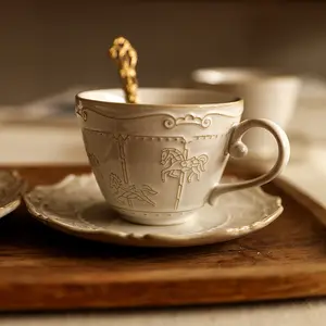 Vintage kiln relief carousel ceramic coffee cup saucer European exquisite mug