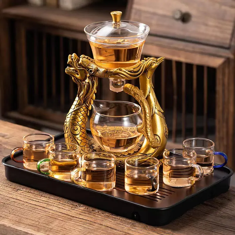 Kungfu Bộ trà thủy tinh từ trà Infuser xoay Nắp bát bán tự động Bộ ấm trà thủy tinh