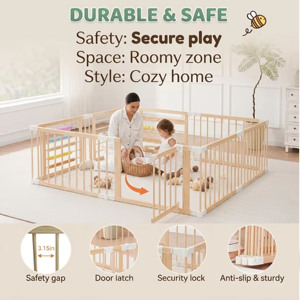 Parc de jeu pliable en bois pour bébés et tout-petits - Clôture de jeu portable pour intérieur et extérieur - Product Image 3