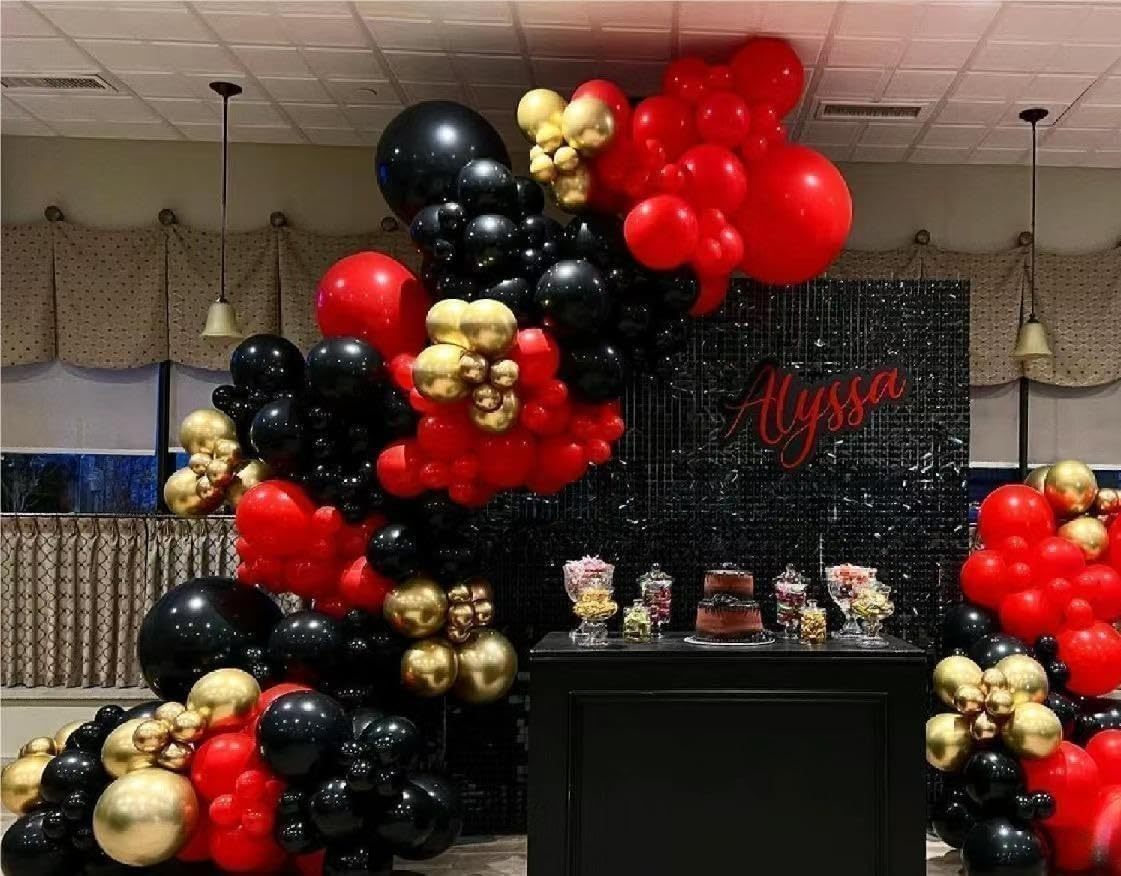 Red & Black Birthday Party Decorations Kit - Balloon Arch Garland, Backdrop, Swirls & Banner For Casino Theme