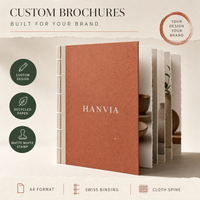 Catalogue de produits artisanaux en papier recyclé écologique personnalisé, format A4, reliure suisse, logo estampé, tons terreux, lookbook artisanal, brochure