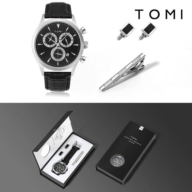 New TOMI T602 4PCS Set Gift Box Men's Fashion Business Quartz Watch Leisure Calendar Watch Men's Cufflinks Tie Clip Watch Gift