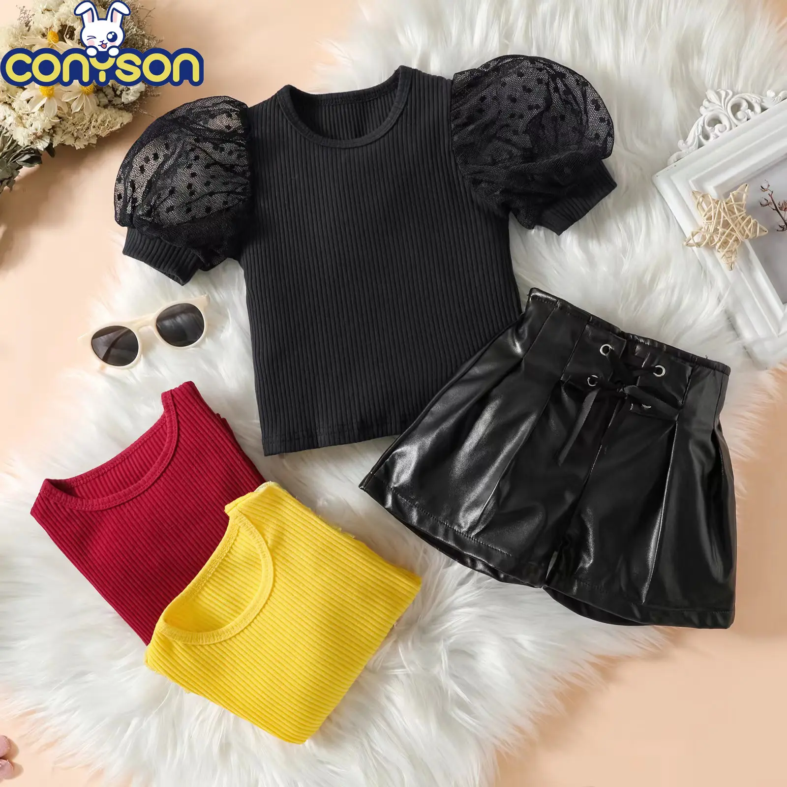 Conyson New Arrival Europeon Style Fashionable Splicing Mesh Short Sleeve Design Kids Designer Girls Two Piece Skirt Sets
