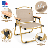 Chaise d'extérieur robuste Kermit, chaise de camping pliable avec accoudoirs en bois, structure métallique stable pour les aventures en plein air