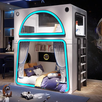 JS FURNITURE Neues Design Kinderhaus Prinzessinnen-Doppelbett Schlafzimmermöbel Raumkapsel-Etagenbett mit Rutsche und Aufbewahrungstreppen