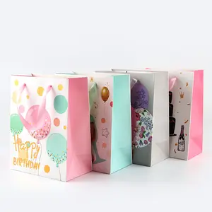 Goud Stempelen Mode Draagbare Kids Verjaardagsfeestje Papier Kleurrijke Fancy Gift Pakket Tas Boodschappentassen Met Lint Handvat
