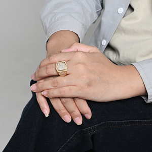 Men's Hexagon Micro Pave Diamond <b>Ring</b> Steel Gold <b>Titanium</b> Steel Party Jewelry - Product Image 2