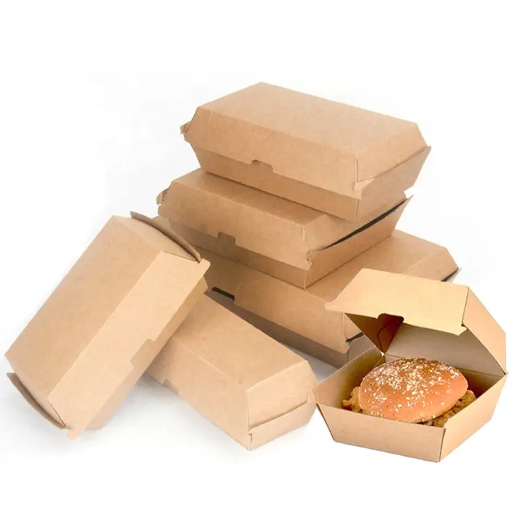 Embalaje Biodegradable ecológico para hamburguesas, cajas de cartón corrugado de Kraft personalizado con logotipo