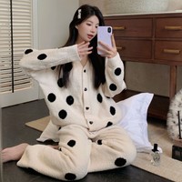 Ensemble de pyjama mi-long en flanelle pour femme, motif pois, manches longues, tricoté, ample, automne-hiver, vêtements de détente et de nuit, vente en gros