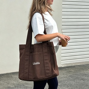 Sac fourre-tout en toile de coton <span class=keywords><strong>marron</strong></span> robuste pour le voyage et le shopping, avec poche avant et logo brodé - Product Image 5