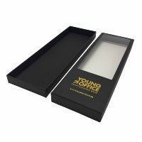 Boîte de luxe noire pour cravates avec fenêtre transparente et logo personnalisé en feuille d'or, emballage cadeau d'affaires pour cravates
