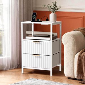 Table de chevet SENYU style farmhouse avec armoire de rangement ouverte, 2 tiroirs et station de charge, meubles de chambre à coucher - Product Image 2