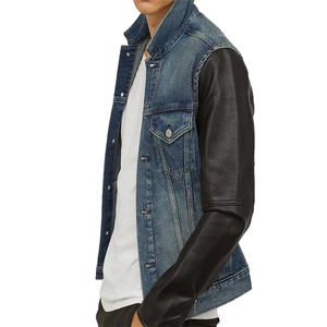 Chaqueta Vaquera <span class=keywords><strong>de</strong></span> Mezclilla <span class=keywords><strong>para</strong></span> Hombre al por Mayor, Chaqueta <span class=keywords><strong>de</strong></span> Motociclista <span class=keywords><strong>de</strong></span> Invierno Personalizada con Mangas <span class=keywords><strong>de</strong></span> <span class=keywords><strong>Cuero</strong></span> Sintético - Product Image 2