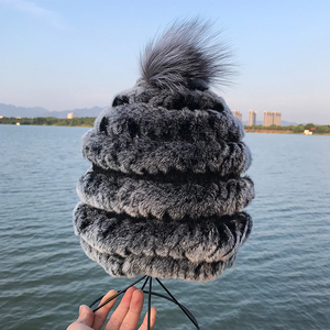 Mũ mùa đông của phụ nữ với lông thỏ thật Rex và LÔNG CÁO Bạc pompoms mũ dệt kim với quả bóng lông cho các bữa tiệc và câu cá - Product Image 2