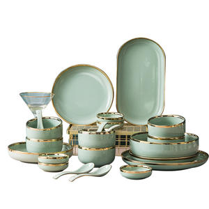 Service de table en céramique de luxe de 32 pièces, <span class=keywords><strong>vert</strong></span> clair et bord doré, assiettes et bols, ensembles de vaisselle en porcelaine - Product Image 1