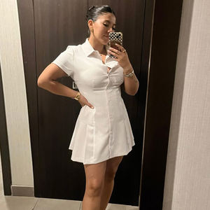 Shirt Dress Women Collar Button Front Waist-Cinching <b>Skirt</b> Commute Style Solid Color Pleated Dress - Product Image 3