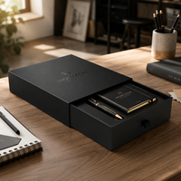Boîte d'abonnement Elite Noir Mat avec tiroir pour kits de relations publiques d'influenceurs, emballage de papeterie personnalisé, matériaux recyclés, doublure en éponge