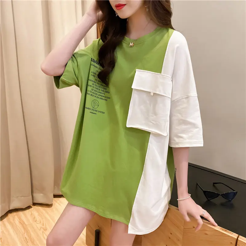 2021 New Trend Color Block Baumwolle Loose T-Shirt für Mädchen Modedesign Tops Mode T-Shirt Damen bekleidung