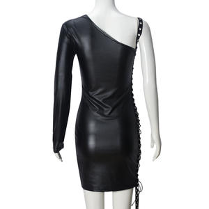 Viviblook Z310DS02 Vestido Casual para Mujer con Cinta Decorativa, Tirantes Calados, Manga Larga de un Solo Lado, Mini Vestido para Damas - Product Image 5