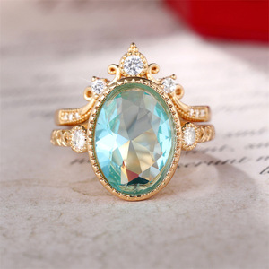 Set di anelli con corona ovale in zircone blu per donna, gioielli eleganti e di lusso - Product Image 5