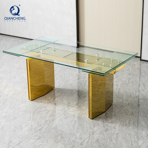 Mesa <span class=keywords><strong>de</strong></span> Comedor Extensible <span class=keywords><strong>de</strong></span> Vidrio Templado Transparente Moderno con Acabado Dorado <span class=keywords><strong>de</strong></span> Acero Inoxidable para <span class=keywords><strong>Muebles</strong></span> <span class=keywords><strong>de</strong></span> Hogar, Venta al Por Mayor <span class=keywords><strong>de</strong></span> Fábrica - Product Image 4