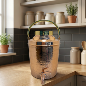 Premium Portable <b>Copper</b> Water Dispenser Tank 05L Hammered Ayurvedic Matka Camper with Brass Carry <b>Handle</b> Leakproof Tap - Product Image 1