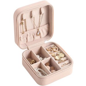 Leather Zipper Jewelry <b>Box</b> 10x10x5cm Portable Compact <b>Storage</b> Case For Travel And Desktop Use - Product Image 5