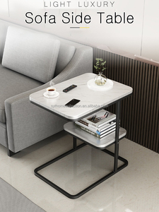 Mesa Auxiliar de 2 Niveles con Aspecto de Mármol, Mesa Lateral con Estructura Metálica para Sala de Estar, Sofá, Apartamento, Salón - Product Image 6