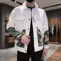 Blouson Bomber Homme Blanc à Blocs de Couleurs, Col Rabattu, Décontracté, Automne, Polyester, Poches Brodées, Coupe Droite Épaisse