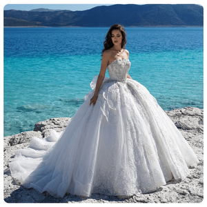 GT26016 Vestido de Novia Moderno y Lujoso, Largo hasta el Suelo, Antiestático, con Bordado de Cuentas, Lentejuelas, Apliques de Cristal y Lazo - Product Image 1