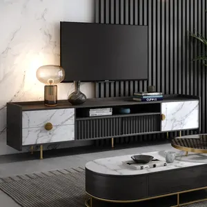 Hitam E1 Perlindungan Lingkungan Panel Logam Kaki Modern Marmer Floating Tv Stand Meja Kabinet