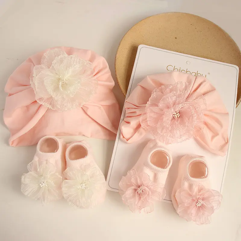 Thin Style Infants Cute Flower Girl Hat Cotton Socks Baby Gift Sets Newborn Box