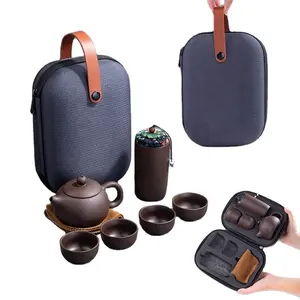 중국 도자기 컵 휴대용 보라색 모래 여행 차 세트 냄비 4 컵 가방