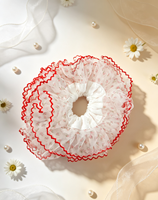 Chouchou à cheveux vintage Cottagecore en tulle floral, chouchou en maille à volants superposés avec bordure en dentelle rouge, attaches à cheveux romantiques à motifs floraux