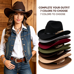 <span class=keywords><strong>Sombrero</strong></span> de Vaquera Clásico Negro de Fieltro Personalizado al por Mayor para <span class=keywords><strong>Mujer</strong></span>, <span class=keywords><strong>Sombrero</strong></span> Fedora Occidental Premium con Pluma Dorada Metálica y Ala Ancha para Fiesta - Product Image 2