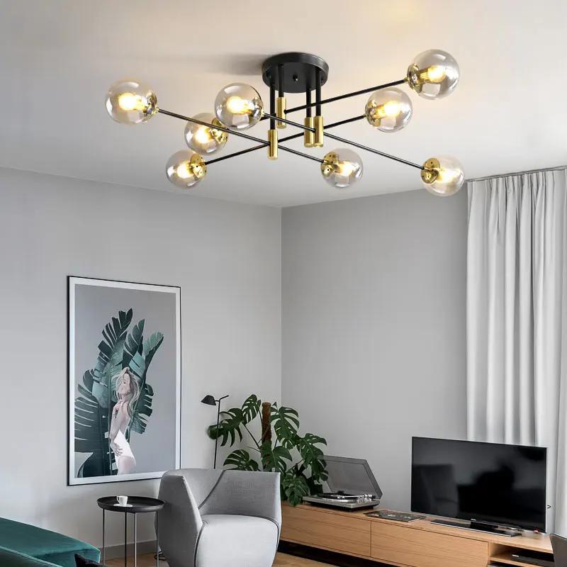 Dropshipping lampu gantung Sputnik Modern, lampu langit-langit Nordic Semi Flush Mount disikat emas antik dekorasi rumah