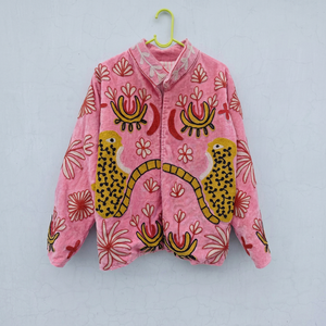 <b>Women</b> Pink <b>Velvet</b> Embroidered Suzani Jacket With Floral And Tiger Pattern Full Sleeve Stand Collar Bohemian <b>Women</b> Winter <b>Coat</b> - Product Image 1