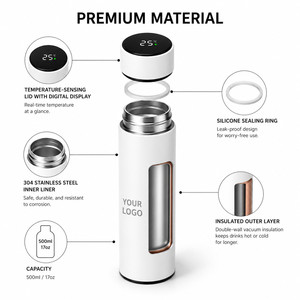 Bouteille d'eau intelligente avec affichage de la température, logo personnalisé, 500 ml, en acier inoxydable, isotherme, cadeau d'entreprise, gourde de sport - Product Image 4