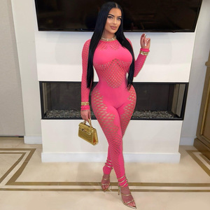 C2408 tinta unita a maniche lunghe a maniche lunghe tubino Sexy Slim Fit tuta in pizzo in maglia - Product Image 3