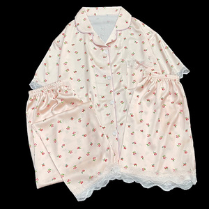 Primavera y verano nuevo encaje francés de encaje de manga corta dulce Floral niñas Casual y cómodo ropa de casa pijamas conjunto de tres piezas - Product Image 3