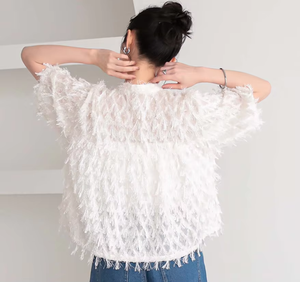 Blus Wanita Putih Berumbai Setengah Kancing Lengan Pendek Longgar Bertekstur Atasan Tunik Kasual Musim Panas Pakaian Sehari-hari Kemeja Wanita - Product Image 3