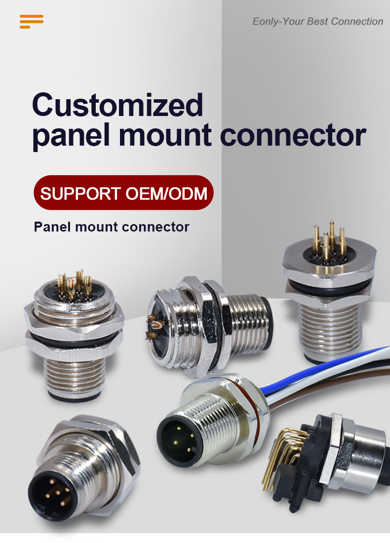 CuZn TPU M12 Panel Mount Connector IP68 M12 Series Connector With Wire Terminal Fasten