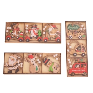 Ensemble de décorations pour arbre de Noël, voiture en bois avec Père Noël de dessin animé, ornements suspendus, décorations de Noël rustiques en bois naturel - Product Image 5