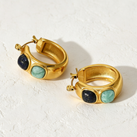 Boucles d'oreilles créoles personnalisées en laiton géométrique massif plaqué or avec fermoir en pierre naturelle Lapis-lazuli et turquoise