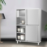 Armoire à vaisselle industrielle en acier inoxydable, portes coulissantes, étagère ouverte, quatre compartiments, cadre robuste, pieds réglables