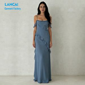 Fabricante de Ropa <span class=keywords><strong>a</strong></span> Medida, Vestido Largo de Gasa con Volantes, Elegante, Veraniego, para <span class=keywords><strong>Mujer</strong></span>, de Alta Calidad - Product Image 2