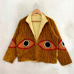Ethnic Brown <b>Velvet</b> Embroidered Suzani <b>Jacket</b> with Evil Eye Pattern Full Sleeve Stand Collar Handmade Boho Winter Coat - Product Image 1